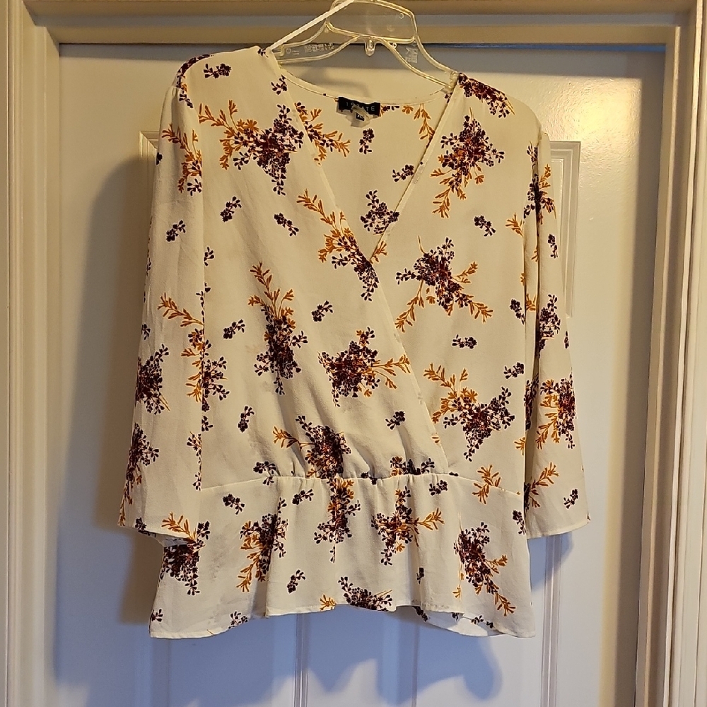 1. State V-Neck Blouse - White with Purple and Orange Floral